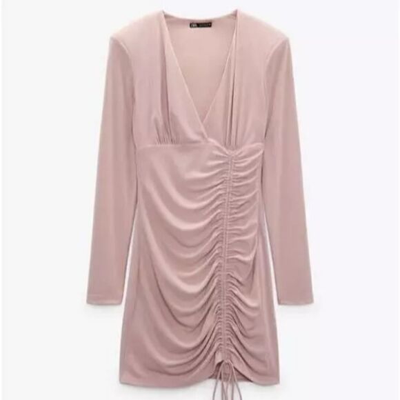 New Zara Pale Pink Mini Ruched Dress Blogger Favorite Size Medium - Picture 3 of 13